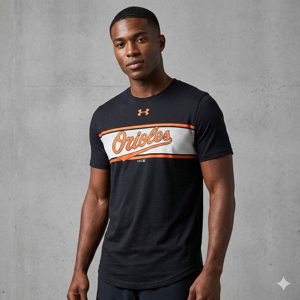 Under Armour MLB Baltimore Orioles T-Shirt SM HeatGear Black Orange Fitted